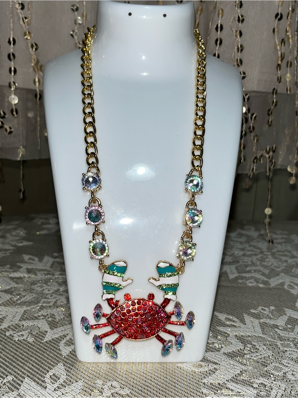 Whimsical Rhinestone Crab Necklace NEW